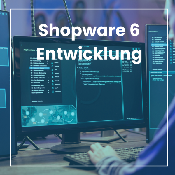 Bildbeschreibung: Moderner Arbeitsplatz mit Fokus auf Shopware 6 Entwicklung. Mehrere Monitore zeigen Software-Entwicklungsumgebungen, ideal für IT-Agenturen, die sich auf innovative E-Commerce-Lösungen spezialisieren. Perfekt für die effiziente Erstellun