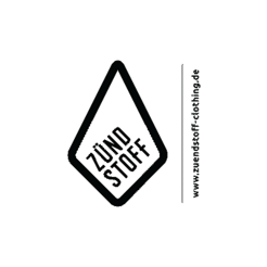 Logo von "Zündstoff" in Rautenform mit vertikalem Text und Webadresse www.zuendstoff-clothing.de.