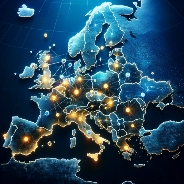 Beleuchtete Europakarte mit digitalen Netzwerkverbindungen und hervorgehobenen Knotenpunkten.