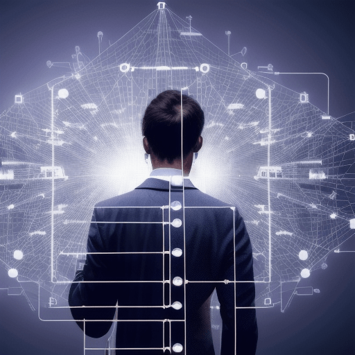 Titel: Innovativer IT-Spezialist mit digitalem Netzwerk

Beschreibung: Ein IT-Experte betrachtet ein komplexes digitales Netzwerk. Die Darstellung veranschaulicht die Vernetzung und moderne Technologie im IT-Sektor, ideal für eine IT-Agentur, die speziali