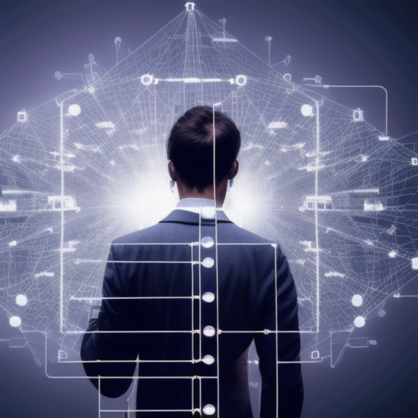 Titel: Innovativer IT-Spezialist mit digitalem Netzwerk

Beschreibung: Ein IT-Experte betrachtet ein komplexes digitales Netzwerk. Die Darstellung veranschaulicht die Vernetzung und moderne Technologie im IT-Sektor, ideal für eine IT-Agentur, die speziali