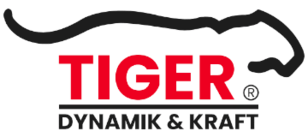 Logo mit stilisiertem Tigerkopf, rotem Schriftzug "TIGER" und schwarzem Text "DYNAMIK & KRAFT".