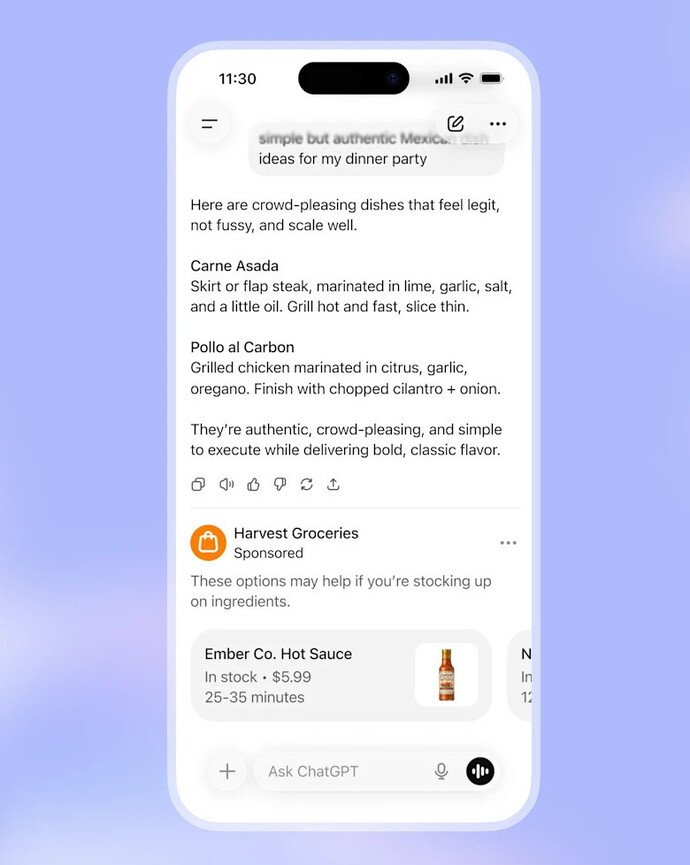Smartphone, das eine Rezepte-App mit verschiedenen Rezeptvorschlägen und einer gesponserten Anzeige auf weißem Bildschirm zeigt.