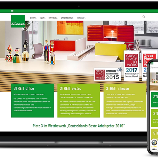 1. **Moderne IT-Agentur Website auf Laptop und Smartphone**  
   Eine moderne IT-Agentur präsentiert ihre benutzerfreundliche Website sowohl auf einem Laptop als auch auf einem Smartphone. Die Seite zeigt technologische Fachkompetenz und Mobilgeräte-Kompa