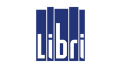 Logo mit blauem Hintergrund und weißem Text: "Libri", stilisiert als Bücher oder Regal.