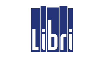 Logo mit blauem Hintergrund und weißem Text: "Libri", stilisiert als Bücher oder Regal.