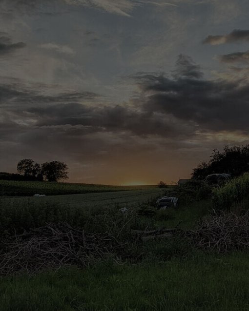 Dämmerung über ländlicher Landschaft mit Feldern, Bäumen und bewölktem Himmel.