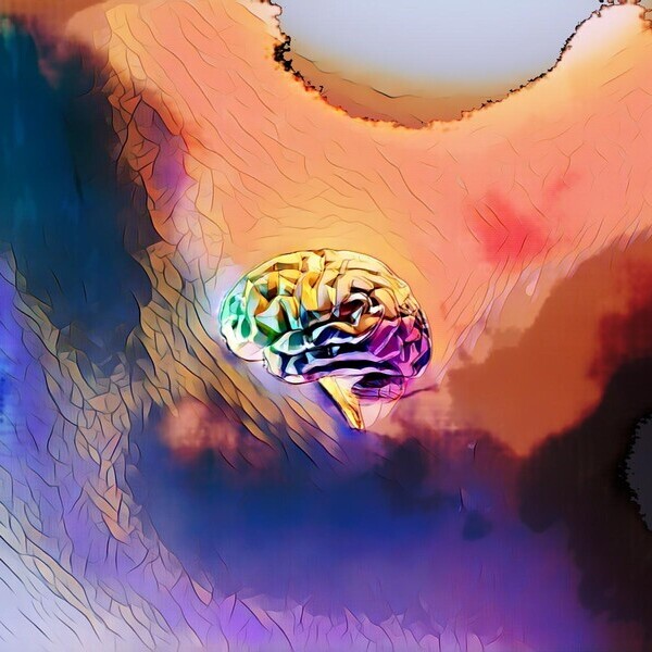 Abstrakte Darstellung eines Gehirns in surrealen Farben und Formen auf einer bunten, strukturierten Hintergrundfläche.