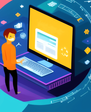 Illustration: Person arbeitet an einem Computer mit Daten und Diagrammen; technologische und digitale Symbole umgeben den Bildschirm.