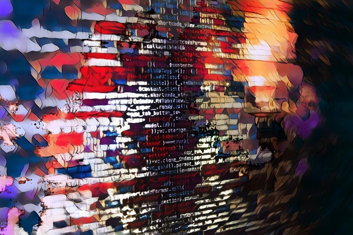 Abstrakte Darstellung von Codezeilen, überlagert mit farbenfrohen verschwommenen Mustern.