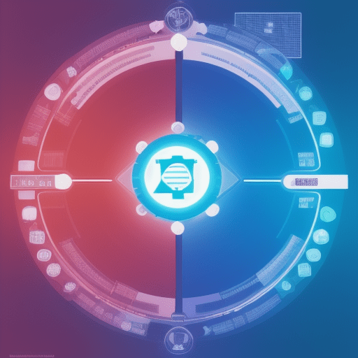 Diagramm eines kreisförmigen Informationsflusses mit zentralem Symbol und umliegenden Datenstrukturen in blauen und roten Tönen.