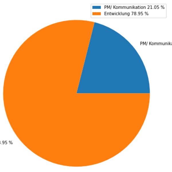 Tortendiagramm: Entwicklung 78,95 % in Orange, PM/Kommunikation 21,05 % in Blau.