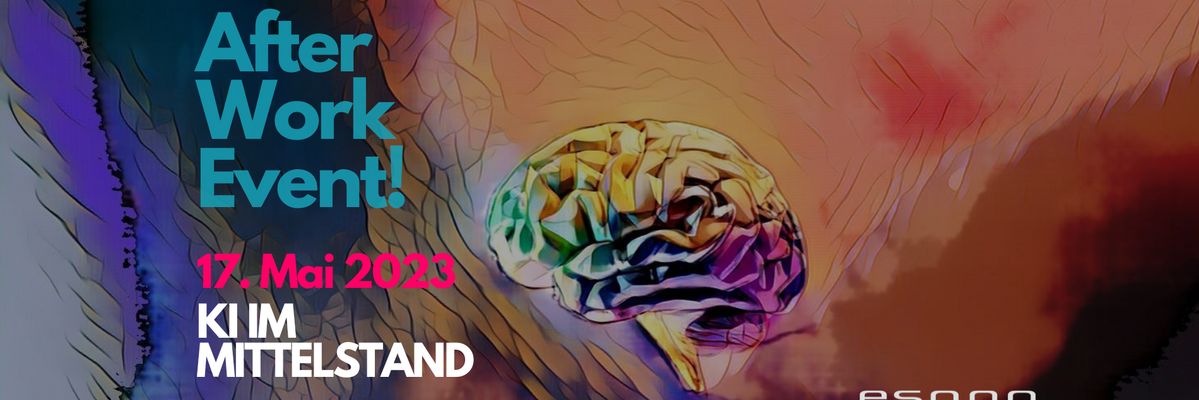 Grafik eines Gehirns mit Text "After Work Event! 17. Mai 2023, KI im Mittelstand." und Logo "esono" unten rechts.