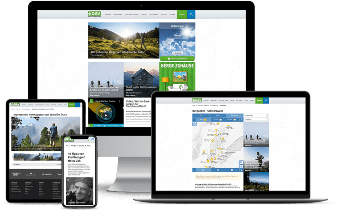 Website des Alpenvereins auf verschiedenen Geräten: Desktop, Laptop, Tablet, Smartphone.