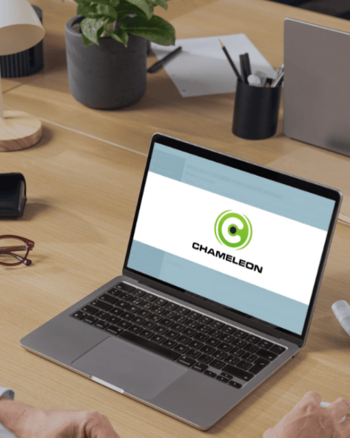 Mann arbeitet an Laptop mit Chameleon-Logo auf dem Bildschirm, im modernen Büroambiente mit Schreibtisch und Pflanzen.