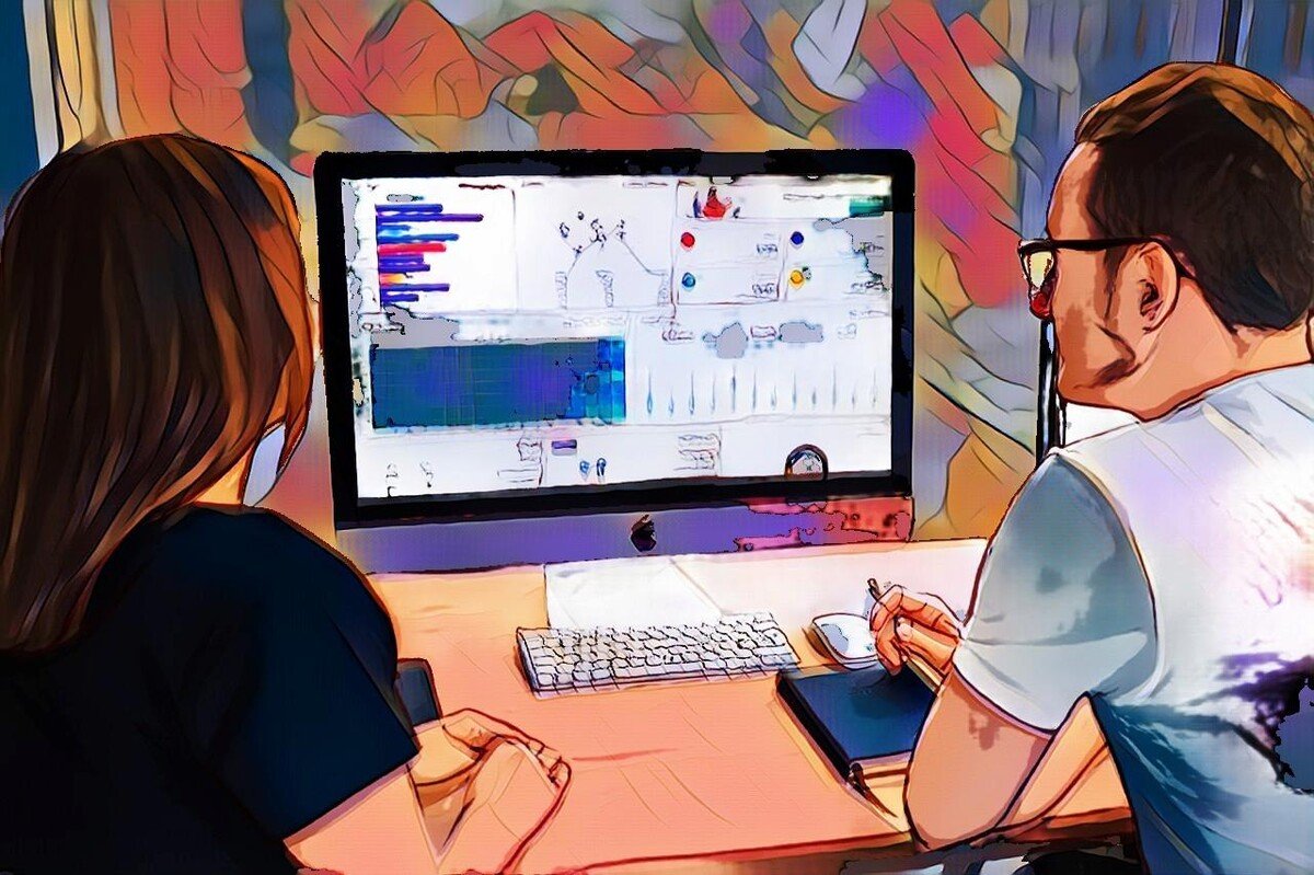 Personen analysieren Daten auf einem Computerbildschirm in einem Büro, dargestellt im künstlerischen Zeichenstil.