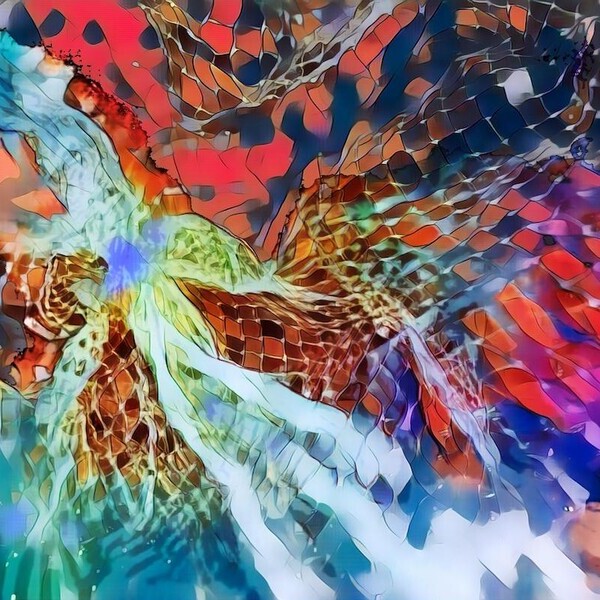 Abstraktes Kunstwerk mit komplexen Mustern, leuchtenden Farben und kontrastreichen Strukturen in Rot, Blau und Grün.