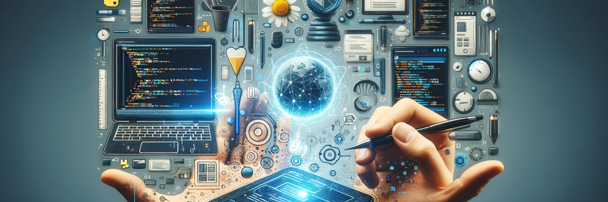 Digitales Konzept, Hände interagieren mit virtuellen Technologien, Symbolen und Programmierschnittstellen, futuristisches Design.