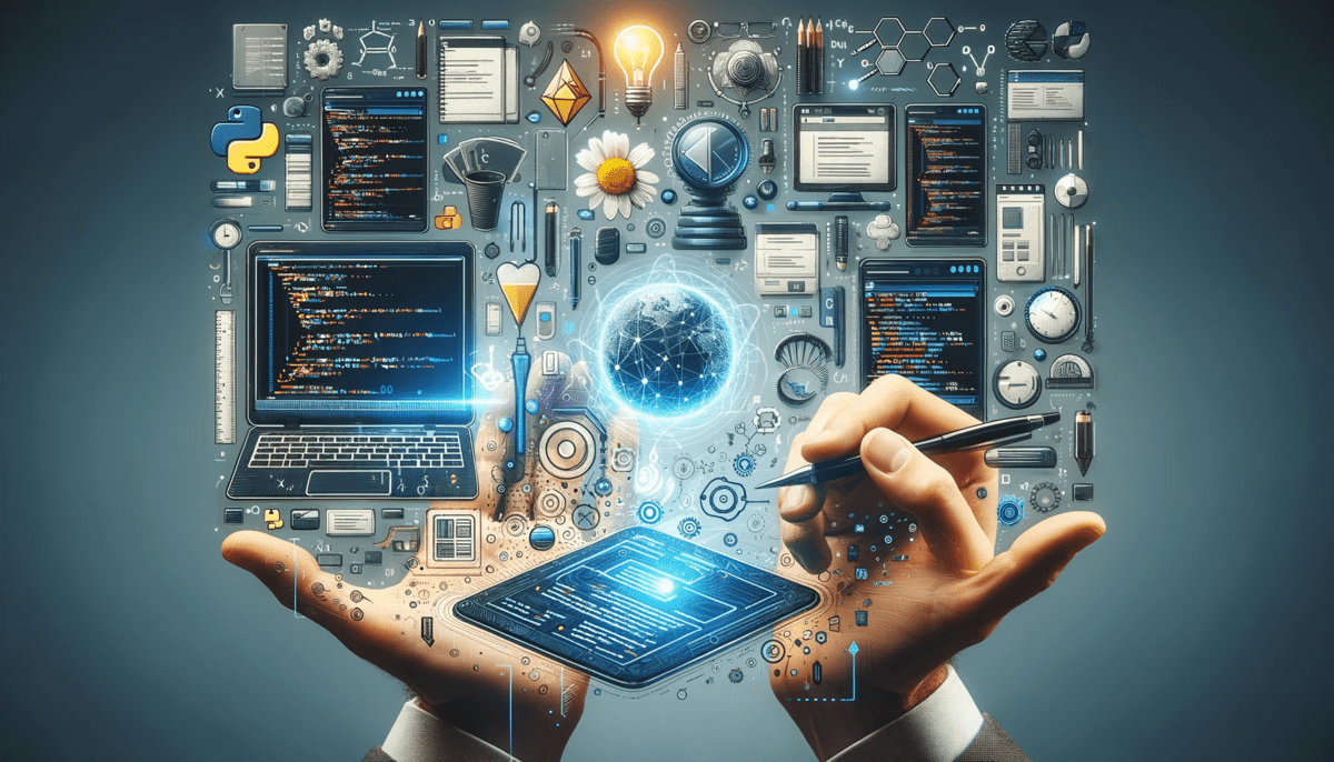 Digitales Konzept, Hände interagieren mit virtuellen Technologien, Symbolen und Programmierschnittstellen, futuristisches Design.