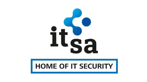 Logo der it-sa Konferenz mit blauem Symbol und Text: "HOME OF IT SECURITY".