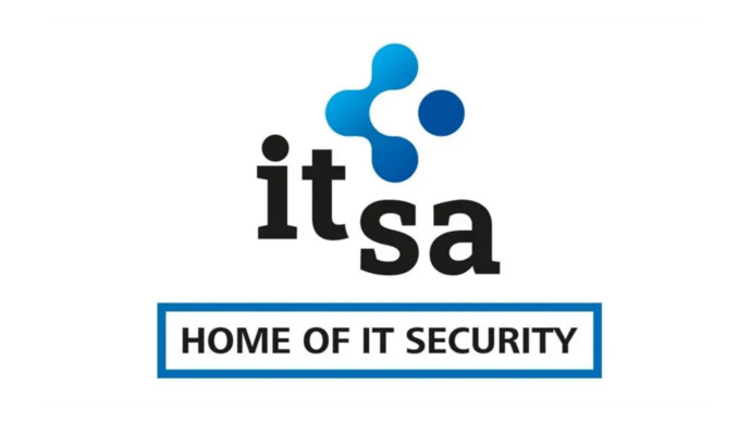 Logo der it-sa Konferenz mit blauem Symbol und Text: "HOME OF IT SECURITY".