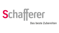 Logo von Schafferer mit grauem und rotem Text, der den Slogan „Das beste Zubereiten“ enthält.
