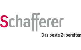 Logo von Schafferer mit grauem und rotem Text, der den Slogan „Das beste Zubereiten“ enthält.