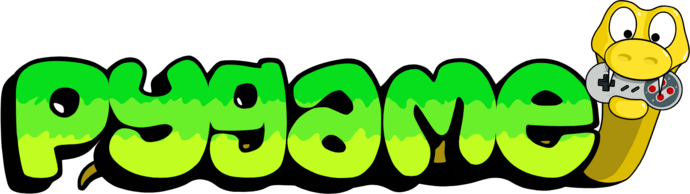 Logo von Pygame mit einem gelben Cartoon-Schlange, die einen Retro-Game-Controller hält.
