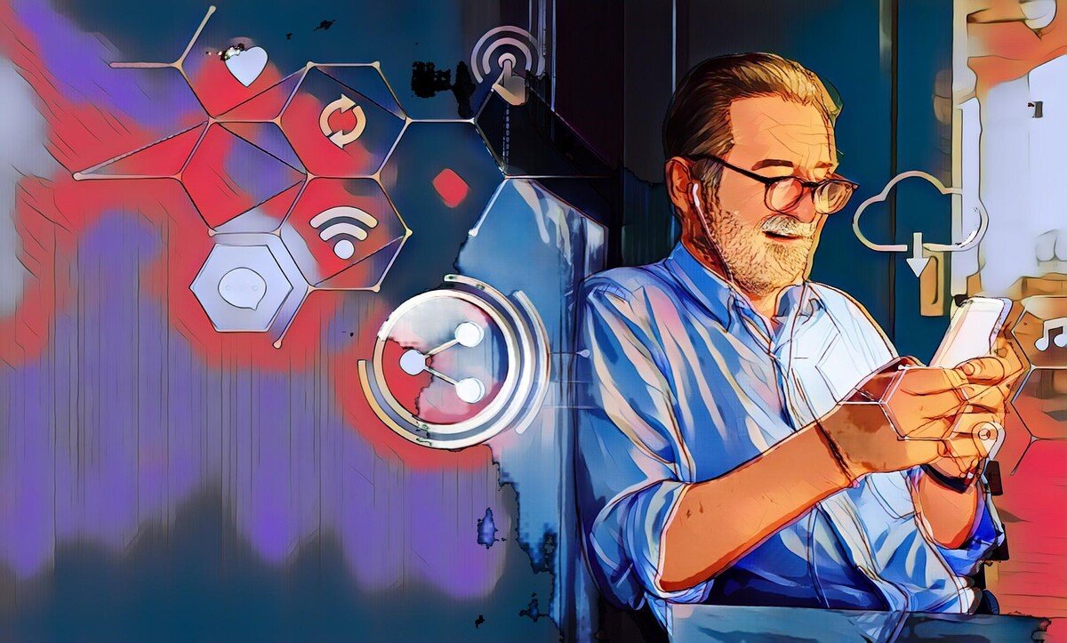 Mann mit Smartphone, umgeben von digitalen Symbolen und abstraktem Hintergrund im technischen Stil.