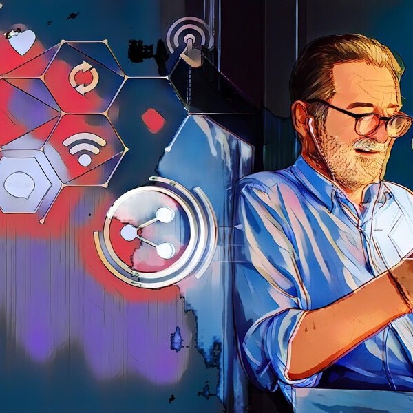 Mann mit Smartphone, umgeben von digitalen Symbolen und abstraktem Hintergrund im technischen Stil.