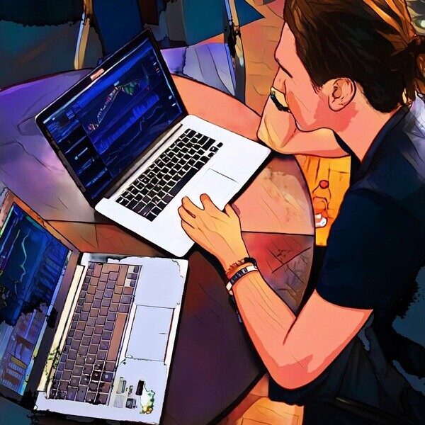 Person arbeitet an zwei Laptops mit Grafiken und Daten in künstlerischer Darstellung.