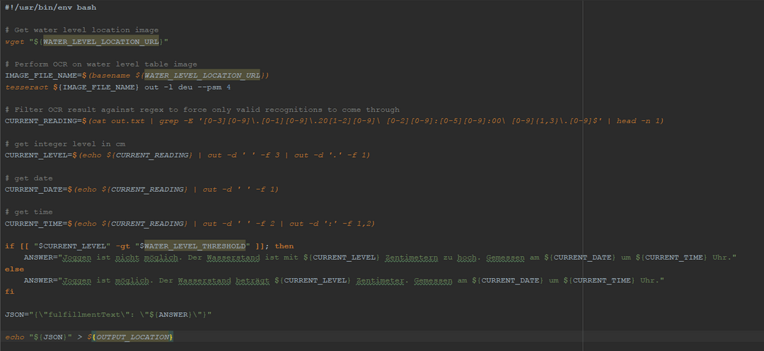 Screenshot eines Bash-Skripts zur Wasserstandsmessung mit Variablenzuweisung, Datumsabfrage und JSON-Ausgabe.
