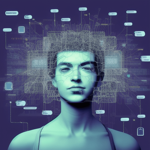 KI-generiertes Bild eines menschlichen Gesichts mit digitaler Vernetzung und Datenstrukturen im Hintergrund.