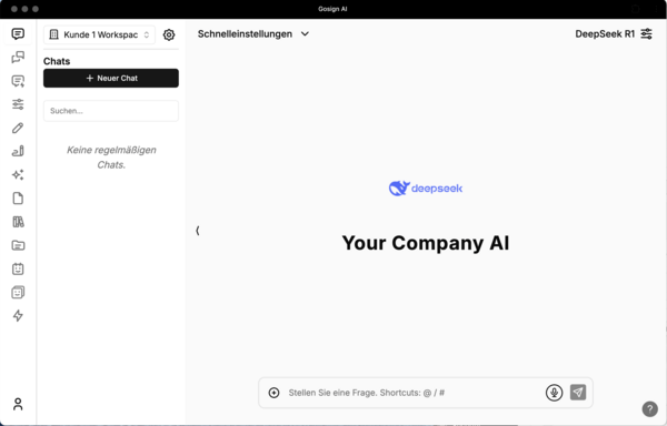 Benutzeroberfläche einer Chat-Anwendung mit "Your Company AI", Navigationsleiste links, Suchfunktion und Schnellzugriff.