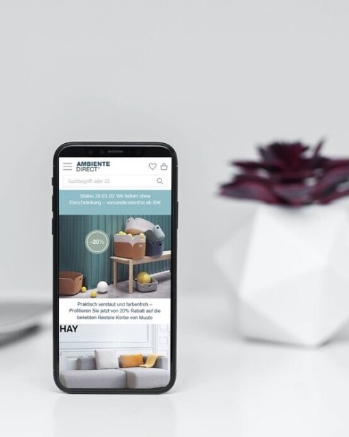 Smartphone vor geometrischen Deko-Objekten, zeigt Website mit Einrichtungsideen. Minimalistisches, modernes Design.