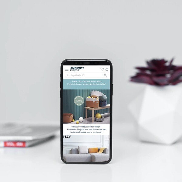 Smartphone vor geometrischen Deko-Objekten, zeigt Website mit Einrichtungsideen. Minimalistisches, modernes Design.