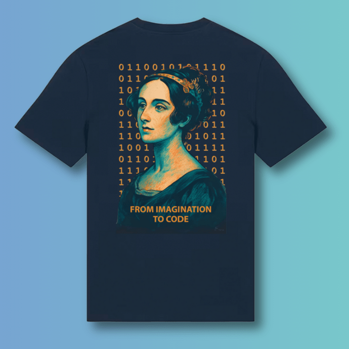 T-Shirt mit Porträt einer Frau, umgeben von Binärcode und dem Text "From Imagination to Code".