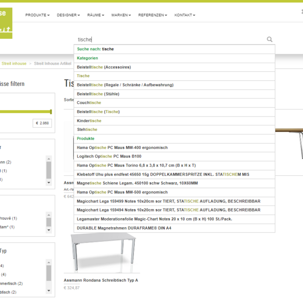 Screenshot einer Website-Suchfunktion, die "Tische" zeigt. Links: Filteroptionen; oben: Eingabefeld mit Vorschlägen.