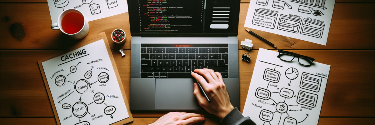 Laptop mit Code, umgeben von Diagrammen zu Caching-Strategien, auf einem Schreibtisch mit Kaffee und Brille.