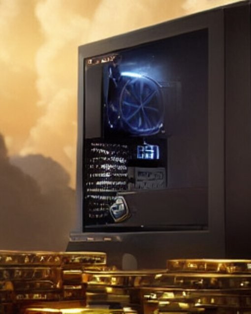 KI generiertes Bild mit Stable Diffusion. Desktoprechner auf Goldmünzen. 