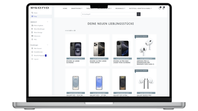 Laptop-Screen zeigt eine Online-Shop-Seite für elektronische Geräte, einschließlich Smartphones und Kopfhörer, mit Menü links.