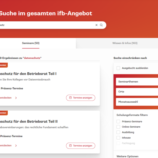 Suchseite mit Eingabefeld, Filteroptionen und Ergebnissen für Datenschutzseminare im ifb-Portal.
