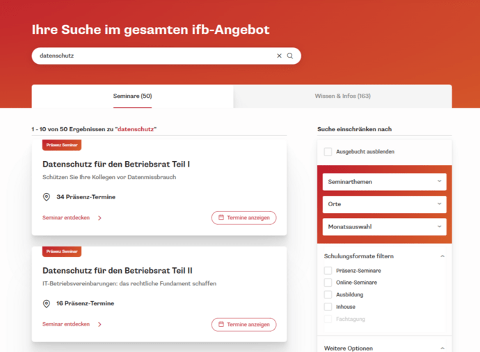 Suchseite mit Eingabefeld, Filteroptionen und Ergebnissen für Datenschutzseminare im ifb-Portal.