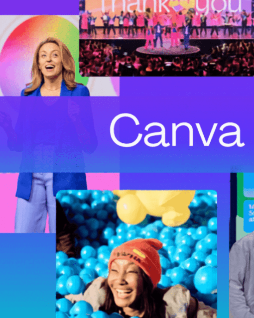 Collage von Menschen bei einer Veranstaltung mit "Canva Create"-Text in der Mitte.