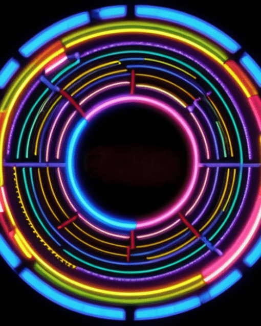 Abstraktes, leuchtendes Kreismuster aus bunten Neonlinien auf schwarzem Hintergrund.