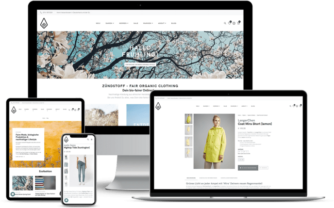 Verschiedene Geräte zeigen eine Website für nachhaltige Mode mit Bildern und Produktbeschreibungen.
