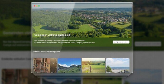Website-Screenshot zur Erkundung von Gemeinden mit Landschafts- und Campingbildern, grüner Button zur Campingsuche.