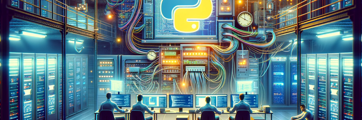 Techniker in einem High-Tech-Kontrollraum mit Python-Logo auf Bildschirm, umgeben von Servern und Kabeln.