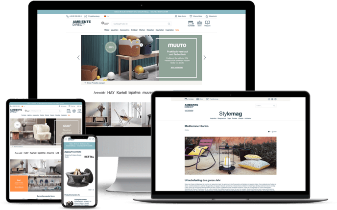 Mehrere Bildschirme zeigen eine Website mit Möbel- und Designprodukten in responsivem Design.