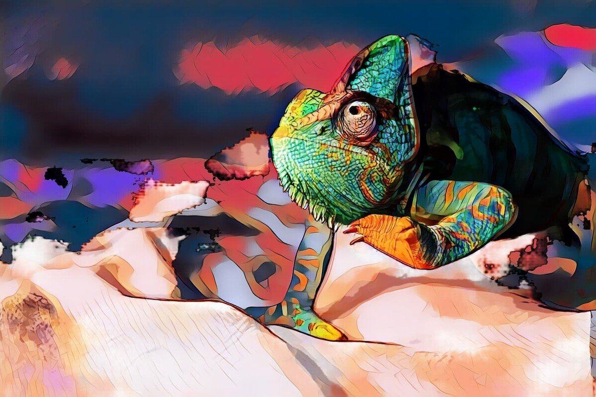 Künstlerische Darstellung eines Chamäleons auf einem abstrakten, bunten Hintergrund.